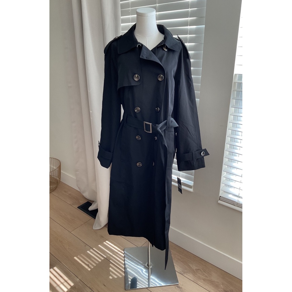 London Fog Womens Black Double Breasted Belted Trench Coat L761585F93 1X NEW